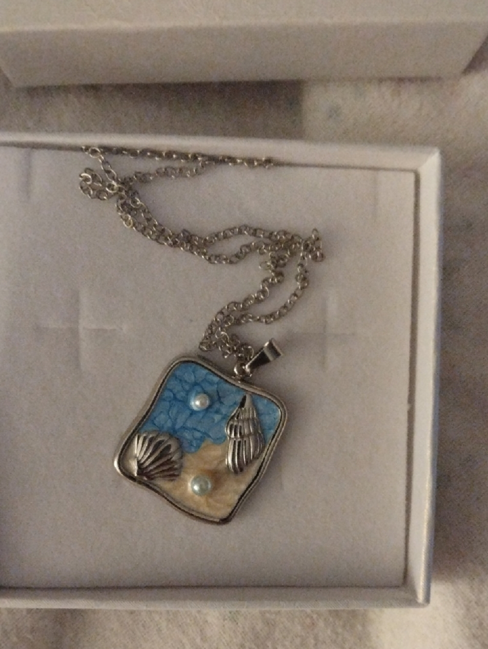 Seashell Beach Pendant Necklace - Silver with Blue and Cream Accents